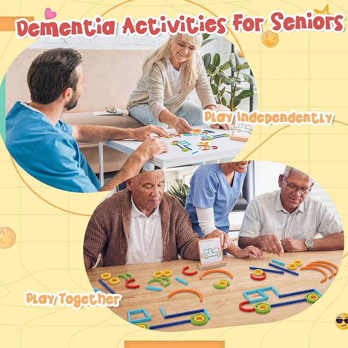 142 Pcs Wooden Pattern Blocks Set for Seniors Dementia for Seniors Memory Matching Games Alzheimers Products Cognitive Toys for Elderly Dementia Patients Older Adults