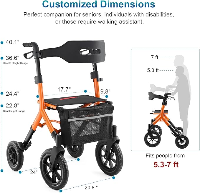 Rollator Walker with Seat, Tall Walkers for Seniors, 12" Big Rubber Wheels All Terrain Rollator Walker with Backrest, Built-in Cable, Foldable and Dual Adjustable Height for 5.3-7ft, Orange