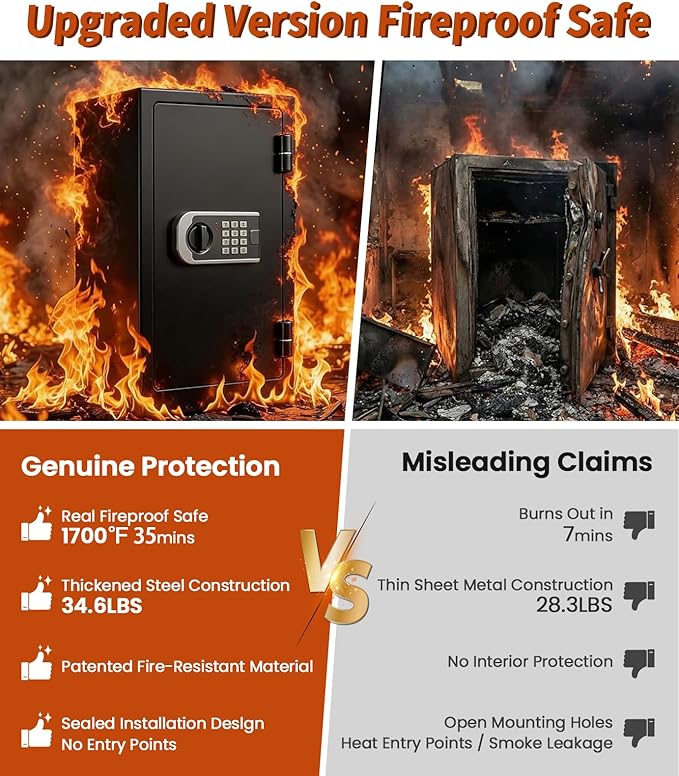 [2026 Upgraded] -35 Min Real Fireproof Safe-3.6 Cu Ft Large Safe for Home Use, Security Safe Box with Smart Alarm System, Wall & Floor Mount Anti-Theft Safe for Money Legal Documents Valuables Jewelry