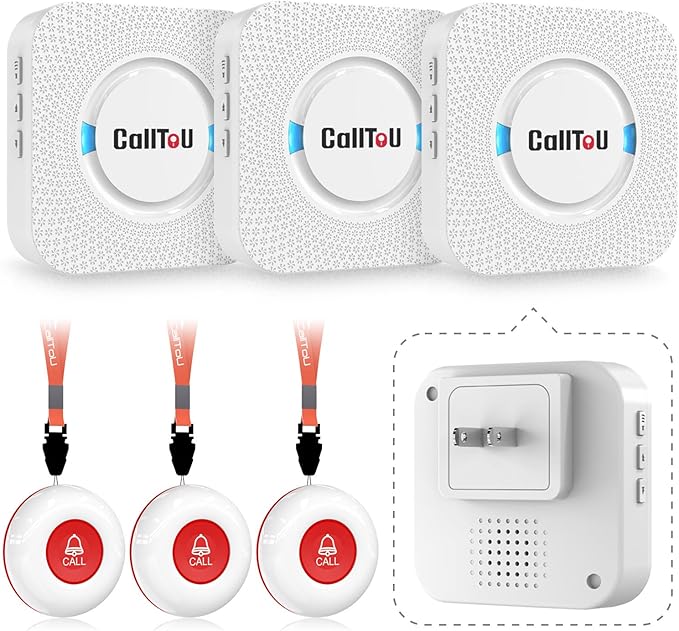 CallToU Caregiver Pager Elderly Alert Call Button for Seniors Smart Patient Call Bell Wireless Emergency Button System Adult Monitors at Home 3 Plugin Receivers 3 Waterproof Portable Transmitters