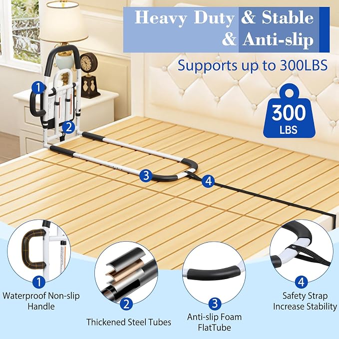 Bed Rails for Elderly Adults Safety, ASTM Approved Upgrade Bed Assist Rail for Seniors - Adjustable Bed Cane with Non-Slip Ergonomic Handle & Storage Pocket, Fit King Queen Full Twin Beds