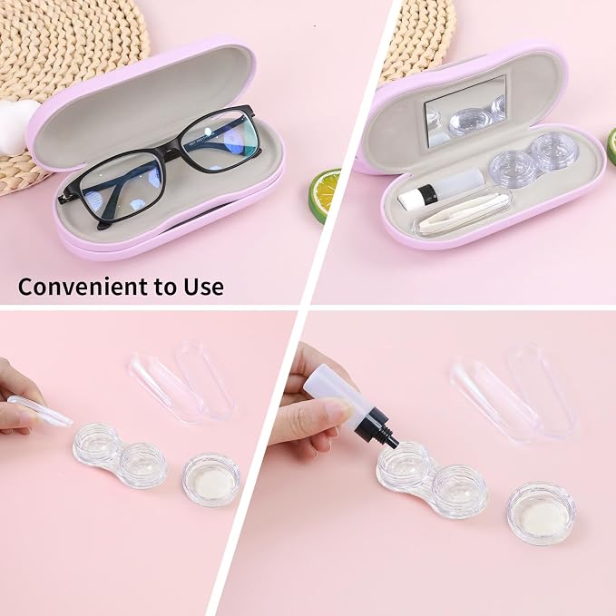 2 in 1 Contact Lens Case and Eyeglasses Case for Women Men Kids, Double Sided Hard Shell Portable Glasses Travel Holder with Built-in Mirror, Contact Lens Box (Purple)