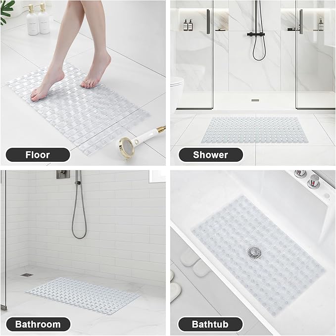 XIYUNTE Shower Mat Non Slip Bath Mat for Tub - 27 X 16 Inch PVC Bathtub Mat Non Slip Shower Mats for Inside Shower, Bath Tub Mat with Powerful Suction Cup, Easy to Cut and Dry, Clear