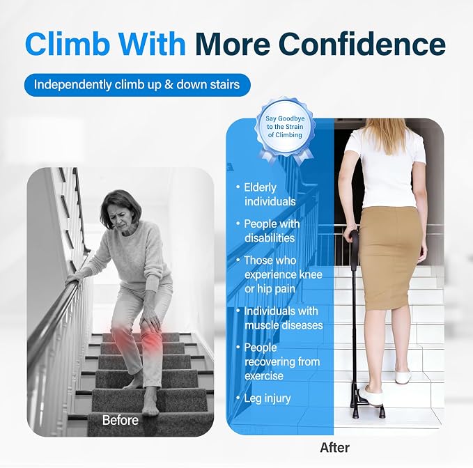 Adjustable Stair Climbing Assist Cane for Seniors, Half Step Stair Walker Aid for Walking Up Down, Portable Stair Lift Cane, Stability Walking Sticks - Step Stair Assist Device for Safety & Mobility