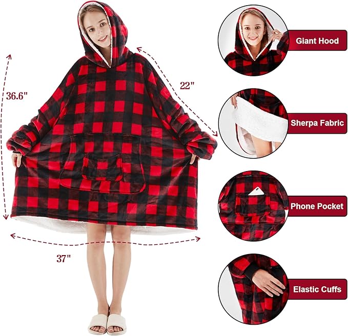 JOYWOO Wearable Blanket Hoodie,Oversized Cat Lovers Sweatshirt Blanket for Adult,Christmas Gifts for Women,Mom,Friend,Cozy Sherpa Hooded Blanket with Giant Pocket and Winter Gifts,Red Checkered