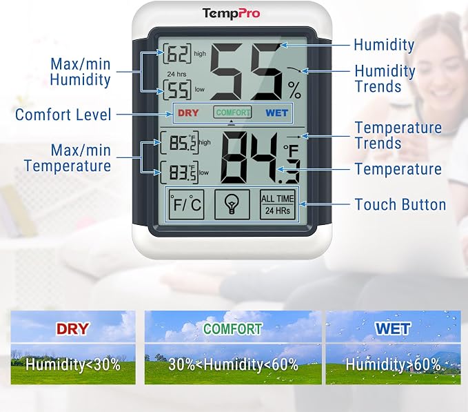 TempPro TempAir Digital Indoor Hygrometer Thermometer with Touchscreen | 4-Inch Temperature/Humidity Monitor with Backlit, Room Thermometer/Humidity Meter for House Home Greenhouse
