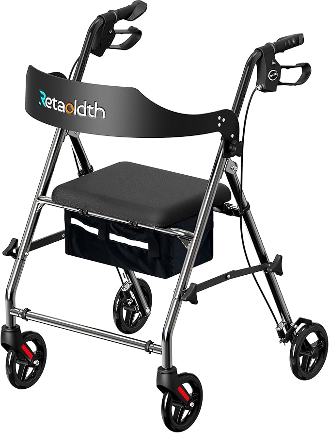 Foldable Rollator Walker with Seat for Seniors, All-Terrain Wheels, 350lb Capacity, Reinforced Inner Metal Rod for Easy Folding & One-Hand Carry, Lightweight Rolling Walker - Grey