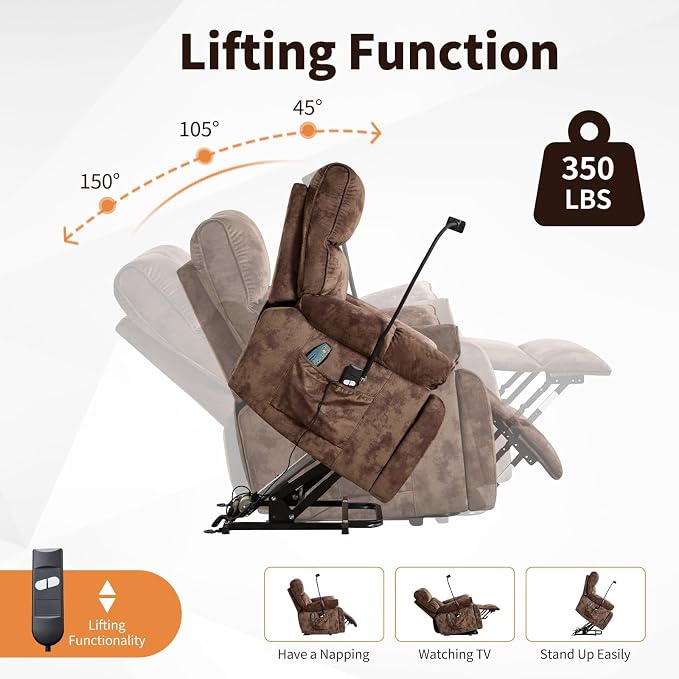 Power Lift Recliner for Elderly with Heat & Massage, Wide Electric Reclining Chair with Cup Holder, Phone Holder & Side Pockets, Brown