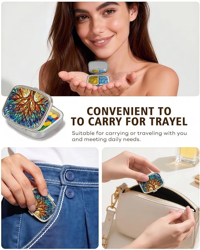 LRITER Pill Case, 2 Compartment Portable Small Travel Pill Organizer for Purse and Pocket, Stylish Medicine Case with Multiple Patterns, Daily Pillbox for Home & Travel (Glass Tree)