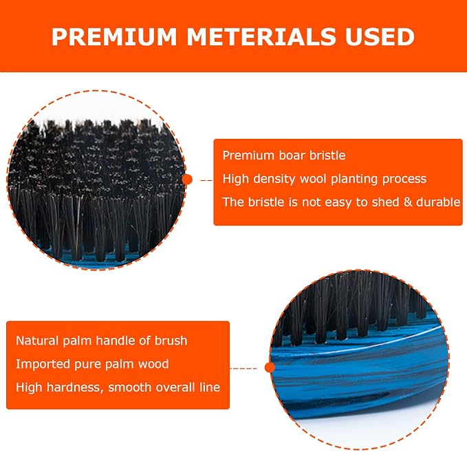 Curved Wave Brush for Men 360, Medium Hard Palm Hair Brushes Boar | Nylon Mix Boar Bristles for Black Hair Wavers to Creating 360 Waves & Beard Daily Use (Stripes Blue)