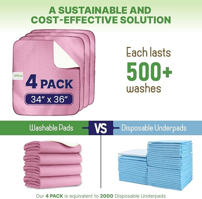 Bed Pads Washable Waterproof 34"x36"- Pack of 4 Pink Incontinence Bed Pads | Washable Pee Pads for Adults - Dementia Products for Elderly & Elderly Assistance Products - Reusable Pee Pads Dogs & Kids
