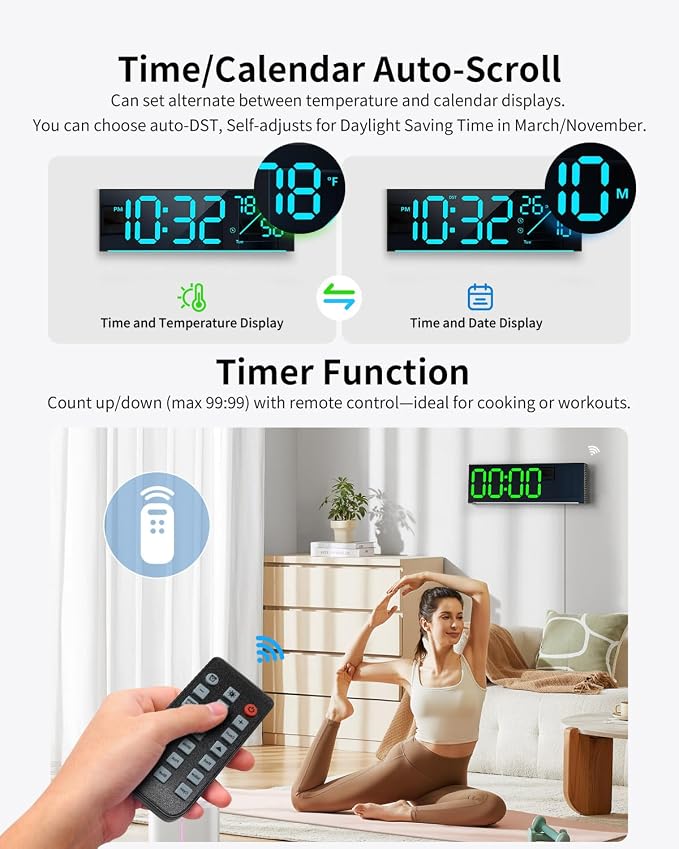 Digital Wall Clock, Large Display Digital Clock with 11 RGB Colors, Wall Clock with Night Light, Alarm Clock, Date, Week, Temp, DST for Living Room, Bedroom, Classroom Decor, Gift for Senior Mom Dad