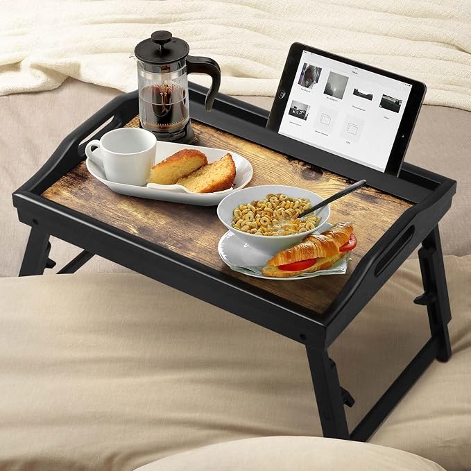 2 Pack Bed Tray Table with Adjustable Legs Breakfast Trays Serving Tray Bamboo Bed Laptap Floding Legs with Handles and Phone Holders