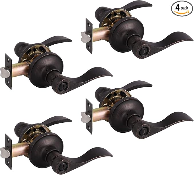 Gobrico 4 Pack Privacy Door Levers Keyless Interior Door Locksets Handlesets,Reversible Handles for Right/Left-Handed Doors,Drop Lever Style with Classic Round Rosette,Antique Oil Rubbed Bronze