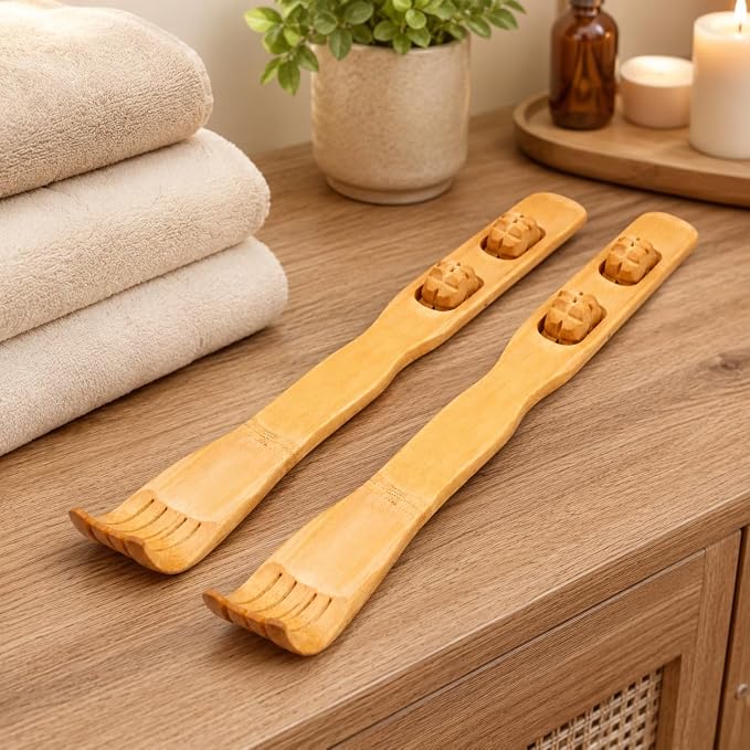 2-Pack Bamboo Back Scratcher by Dependable Industries – Long Reach, Massage Rollers, Self-Massage & Itch Relief, Eco-Friendly