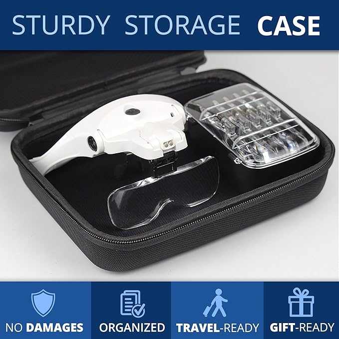 Vision Aid Magnifying Glasses with LED Light, 5 Lenses, Headband, Storage Case | Hands Free Lighted Head Mount Magnifier for Hobby Crafts Macular Degeneration Cross Stitch Diamond Painting Close Work