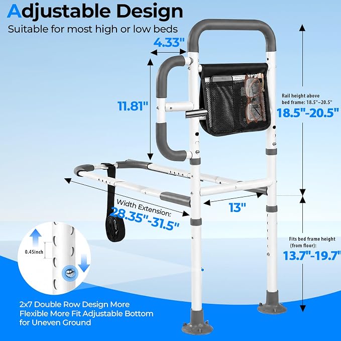 Bed Rails for Elderly Adults Safety, ASTM Tested 400 LBS Bed Assist Rail with Side Assist Handle, Ergonomic Foam Grip, Bed Cane for Seniors, Adjustable Height Thickened Carbon Steel Frame (White)