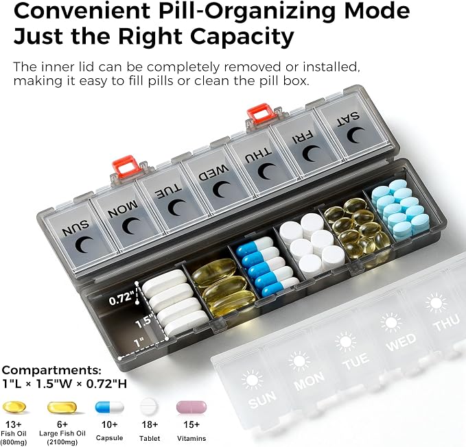 Foldable Pill Organizer Weekly 2 Times a Day, 7 Day Portable AM PM Travel Pill Case with Black&White Labels, Dual-Protection Daily Medicine Box, Large Pill Container for Vitamin/Supplement-Clear Black