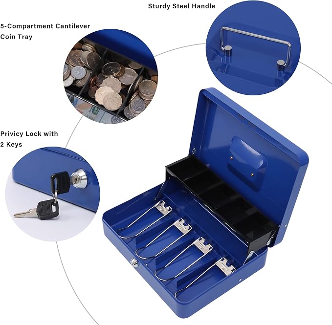 xydled Metal Cash Box, Cash Box with Money Tray and Key Lock, Storage Box, Blue,4 Bill / 5 Coin Slots,11.8" x 9.5" x 3.5",Blue