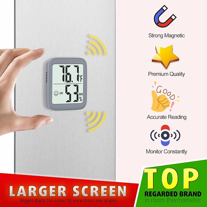 2 Pack Room Thermometer Indoor Hygrometer | Monitor Temperature & Humidity, Accurate, Fast Read, Easy To View, Magnetic/Kickstand/Hanging, ℉/℃, w/ Battery, Compact