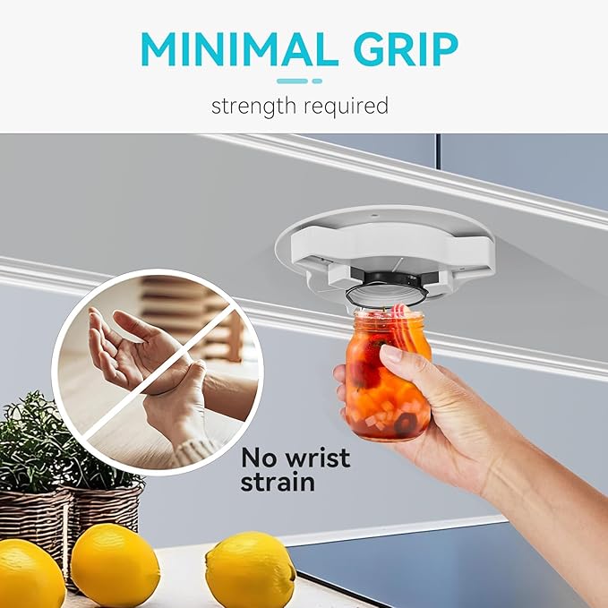 Jar Opener Bottle Opener for Seniors with Arthritis - Under Cabinet Jar Opener for Weak Hands, Rotary Lid Opener, Easy Twist-Off Lids for Jars & Bottles, Original Kitchen Gadgets (White)