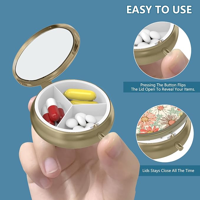 Pill Case Pill Box with Mirror Retro 3 Compartment Small Pill Case for Purse or Pocket Bronze Small Roud Pill Box or Vitamins, Fish Oil, Supplements, Pill Containe Travel Gifts（ Vangogh Art）