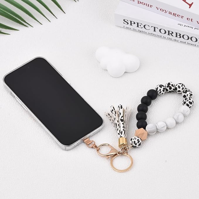 BAOSIWA Silicone Key Ring Bracelet Wristlet Keychain Unique Beaded Bangle Key Chains for Women with Leather Tassel