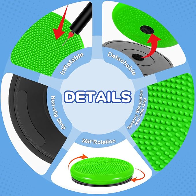 Wobble Cushion, Fimeetoy 360°Spinning Wiggle Seat, ADHD Sensory Chair,Flexible Seating in Classroom & Home,ADHD Tools for Kids,2-in-1 Detachable Balance Pad,Fidget for Focus-Green
