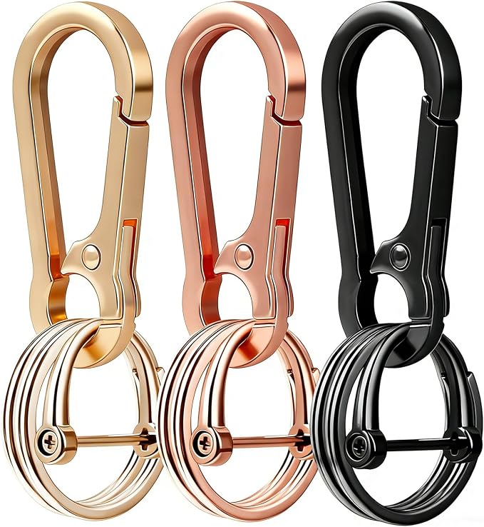 Metal Key Chain Carabiner Clip with Key Ring and D Ring | Heavy duty build, full accessory packs, quick release, multi purpose hook, belt loop holder, separate home and car fob sets