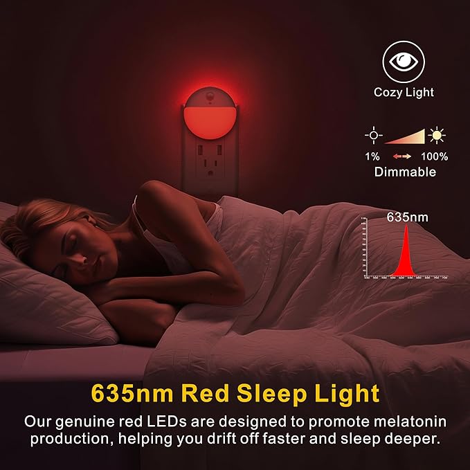 2 Pack Plug in Red Sleep Night Light with Motion Sensor and Dusk to Dawn Sensor, 3 Modes, Soft Glow, Stepless Dimming, LED Lights for Bedroom, Sleep, Baby Nursery, Kids, Toddler, Home Decor