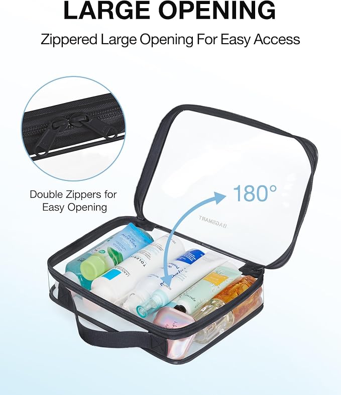 BAGSMART Clear Toiletry Bag with Handle 2-Pack TSA Approved, Black | Water-resistant Travel Toiletry Bag, Carry On Travel Accessories Bag, Airport Airline Quart Size Bags Women Men, Makeup Bag