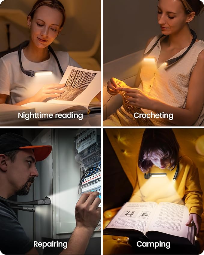 Glocusent Rechargeable Neck Light, 100Hrs Long Lasting Neck Reading Light, 5 Colors & Stepless Dimming Reading Light - Perfect Book Lights for Reading at Night, Knitting, Book Lovers Gifts