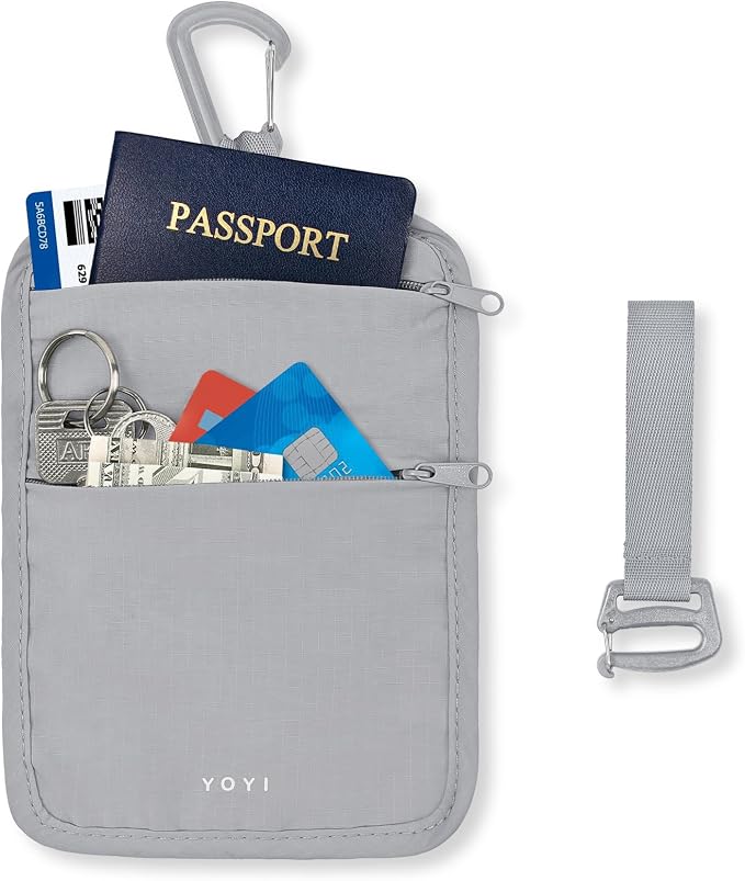 Anti-Theft Belt Waist Travel Wallet Hidden Passport 3-Zone Clip Carabiner | Water-resistant fabric with RFID blocking liner, fits passport, tickets, cards, and cash in 3 zones