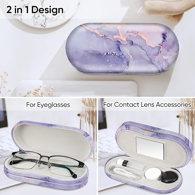 Fintie 2 in 1 Contact Lens Case and Eyeglasses Case, Double Sided Portable Eyeglasses Travel Holder with Built-in Mirror, Tweezer and Contact Lens Solution Bottle Included