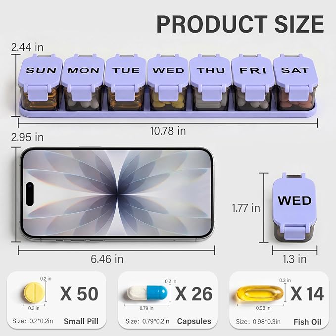 Yaklim Extra Large Weekly Pill Organizer - Waterproof 7-Day Pill Box, Portable Vitamin & Supplement Case, Easy to Open Design, Ideal for Travel and Daily Medication Management (BlackPurple, 2 Packs)
