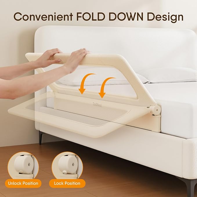 Bed Rail for Toddlers, 59 Inch Foldable Baby Guard | 59 in foldable toddler rail with reinforced anchors, no-gap mattress fit, double lock, washable fabric for King|Queen