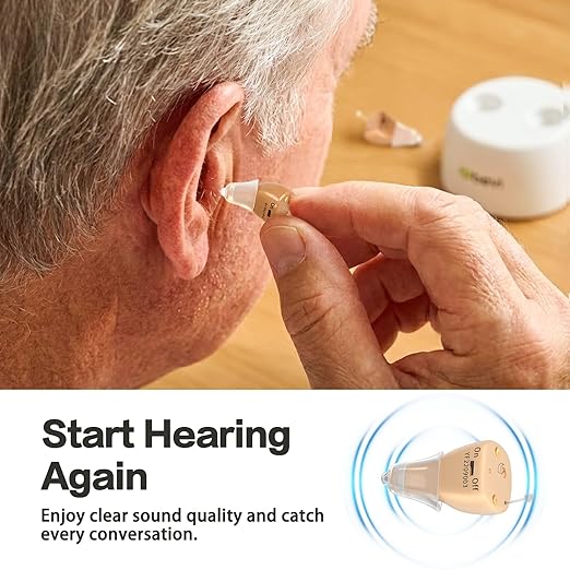 Rechargeable Hearing Aids for Seniors with Noise Cancellation, OTC Hearing Aids Digital Chips for Clear Sound, CIC In-Ear Fit Comfortable & Invisible, Charging Case Volume Control, 1 Pair, Beige