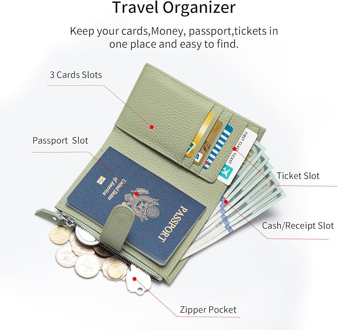Passport wallet and Card Slot Combo RFID Blocking Leather Travel Passport Wallet for Men and Women with Zippered Coins Pocket Passport holder, Light Green