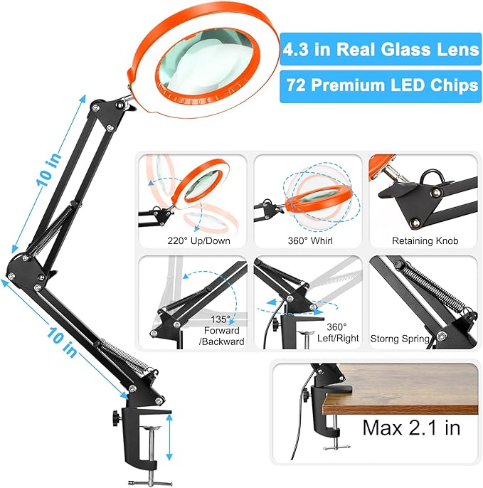 10X Magnifying Glass with Light and Clamp, Real Glass Stand Lighted Magnifier, 5 Color Modes Stepless Dimmable LED Desk Lamp Hands Free for Crafts Hobby Reading Painting Close Work - Black Orange