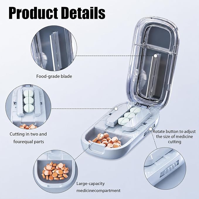 Pill Cutter Splitter for Small and Tiny Pills - Adjustable Pill Splitter with Centering Device for Cutting Multiple Pills, Accurate Alignment and Easy to Use, Storage Organizer (Blue)