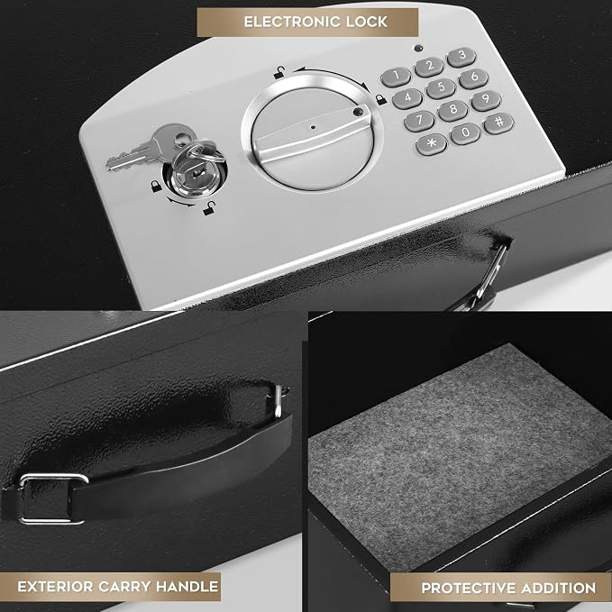 Dalmbox Portable Metal Safe Box with Digital Code Lock,Fire Resistant Storage for Documents, Fireproof Safe Box, Car, Home, Office and Outside, Black Box,Large