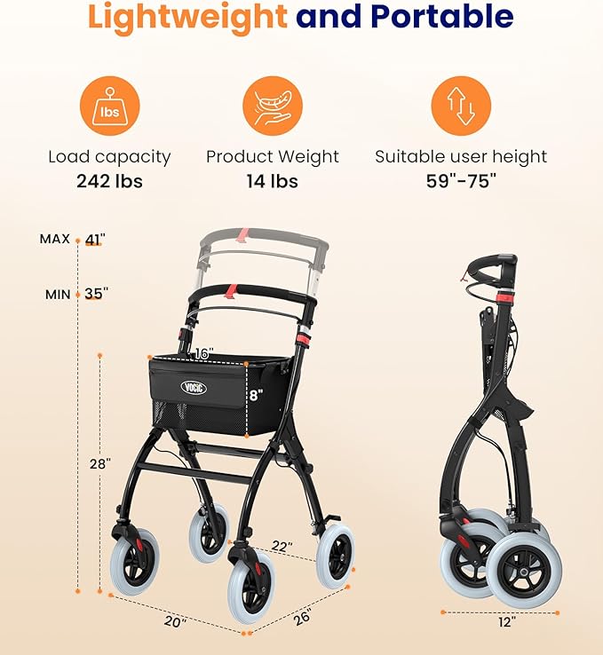 VOCIC Z32 Narrow Walkers for Small Spaces, 8" Quiet Anti-Slip Tires, Tray | Foldable & Lightweight Indoor Rollator Navigates Small Spaces, Easily Passes Tight Doors, Tray&Pouch for Home, Black