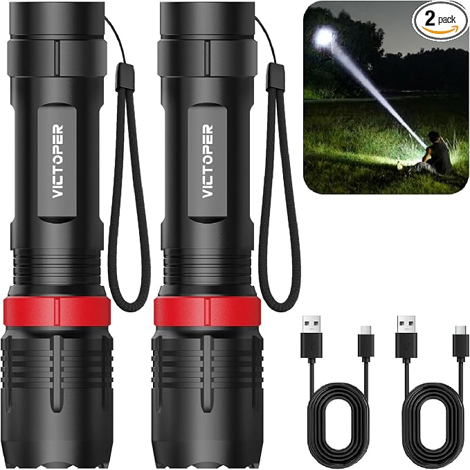 Victoper Rechargeabe Flashlight 2 Pack, High Lumens 5 Modes LED Small Tactical Flashlights, Waterproof Zoomable Mini Flash Light for Outdoor, EDC Gifts for Father's Day