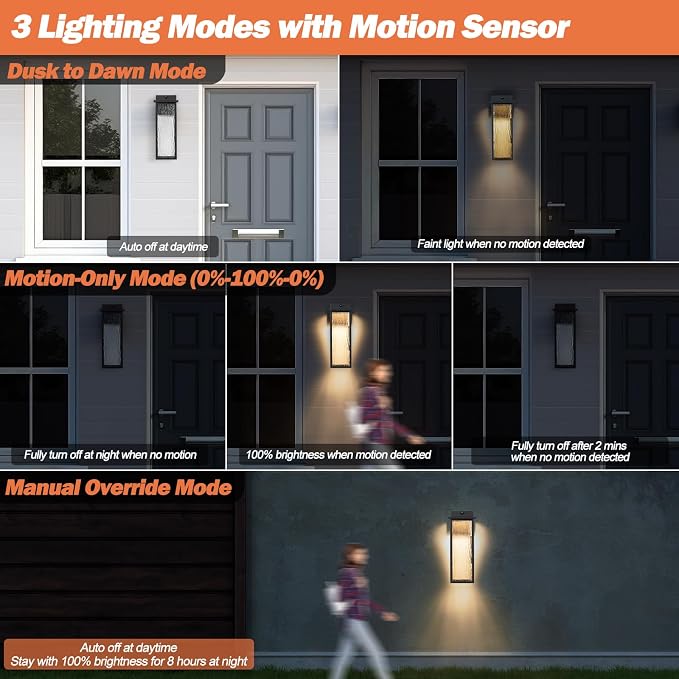 VenzBlomia 16” Black Motion Sensor Outdoor Lights for House Garage 2 Pack | Modern LED Dusk to Dawn Outdoor Lighting Waterproof, Brightness Porch Lights with Water Rippled Glass, Easy Installation