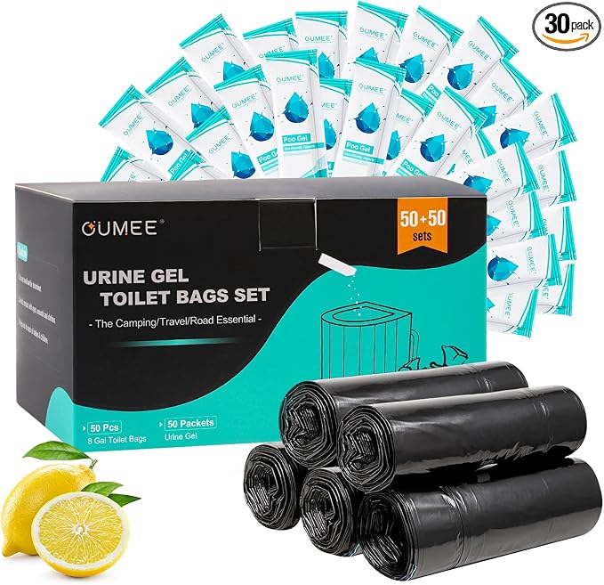 Lemon 50 Portable Toilet Bags with 50 Poo Gel Set, 8 Gallon Capacity | Camping Toilet Bags with Absorbent Gels Waste Bags, Portable Trash Bag for Camping Potty Rvs Travel