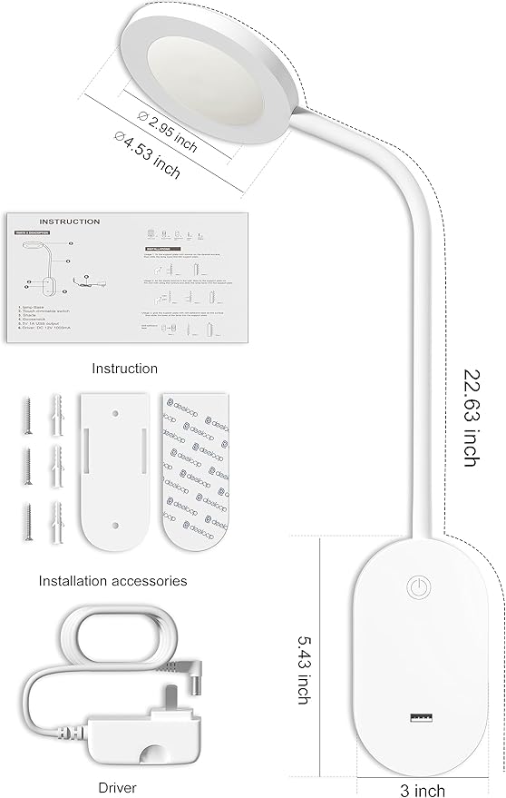 deeloop Wall Mounted Reading Light,Book Lights with USB Output, Reading Lamps for Bed Headboard in 4 Hours Auto-Off, Touch Control Wall Lamp with 5 Dimmable Flexible Head Rotation Bedside Lamps White