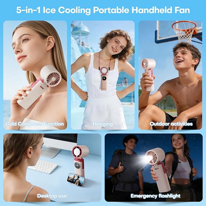6000mAh Portable Handheld Fan with Ice Cooling, 199 Levels Stepless Speed, 20H Long Battery Life, 20000RPM Turbo Fan Rechargeable Personal Mini Fan for Travel, Outdoor, Makeup (Pink)