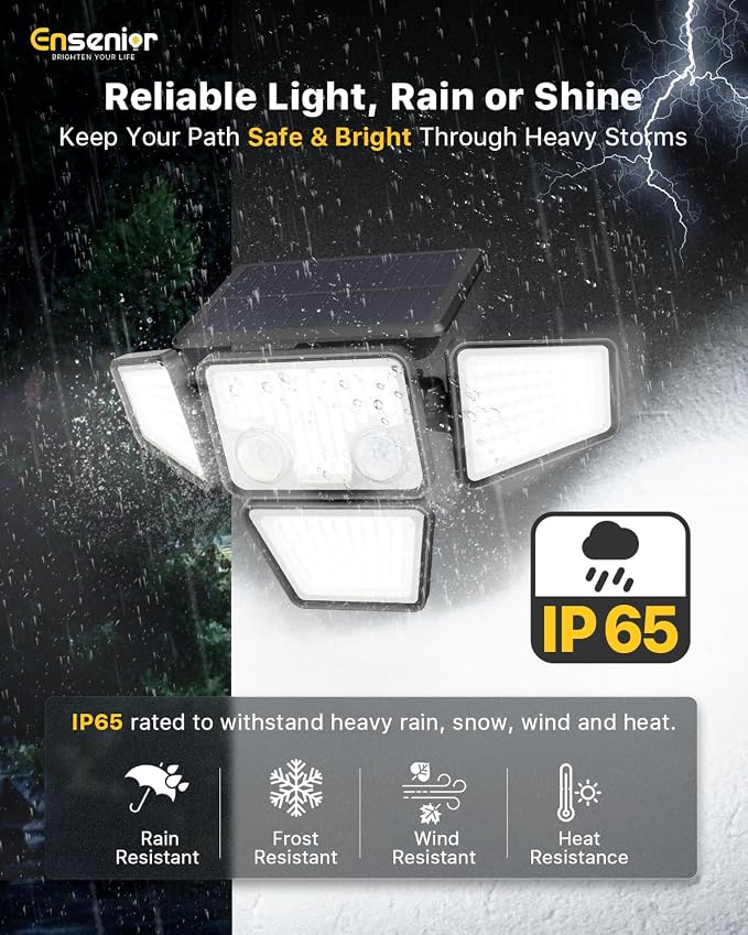 Motion Sensor Outdoor Solar Lights, Security Flood Lights 4-Head, 3 Pack | 5000LM, IP65 Waterproof, 279 LEDs, Dual Sensors, 270°Wide-Angle, 4 Modes, Remote Control, Yard, Garage, Fence, Patio