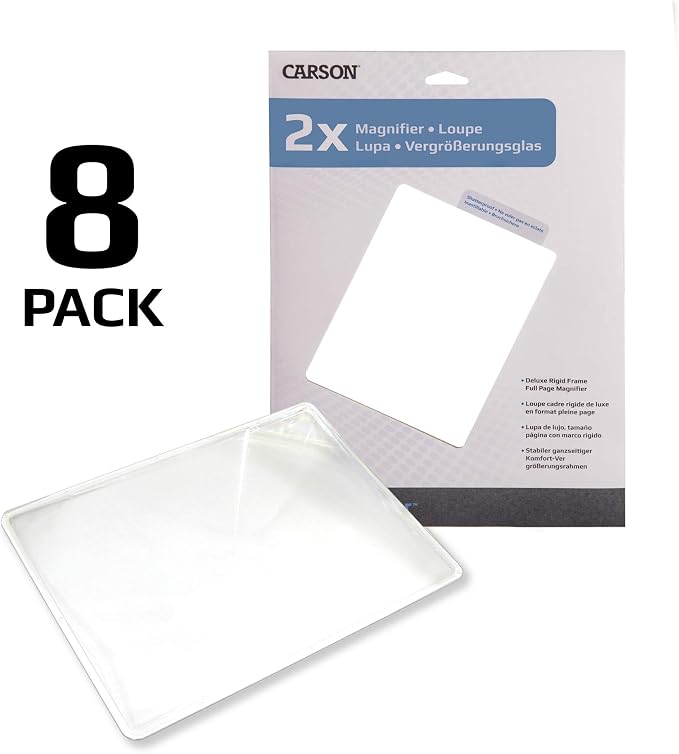 Carson 2x Power Rigid Frame 8.5x11 Inch Fresnel Page Magnifiers for Reading Newspapers, Magazines, Books and More - Set of 8