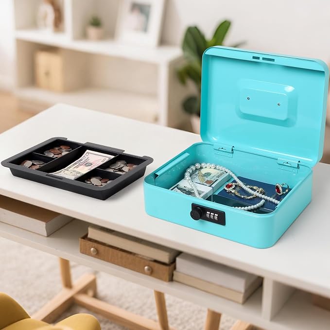 Jssmst Large Cash Box with Combination Lock - Durable Metal Cash Box with Money Tray, light blue (9.84 x 7.87 x 3.46)